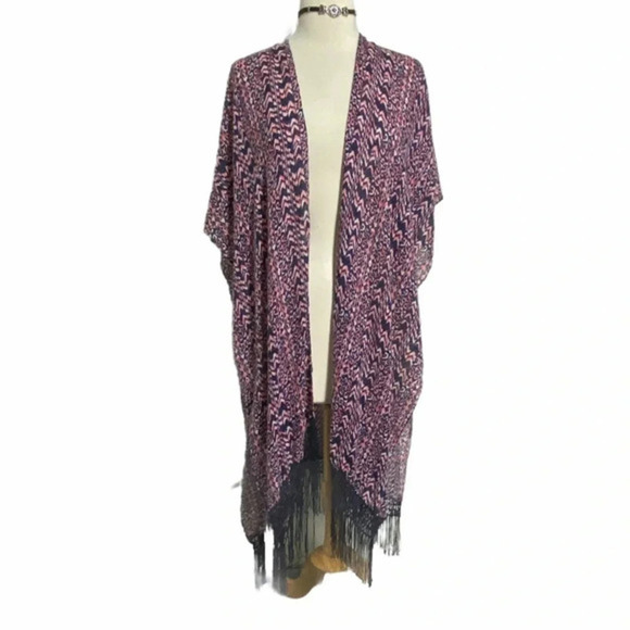 Torrid OS blue/pink Boho print fringe hem kimono - Picture 2 of 7